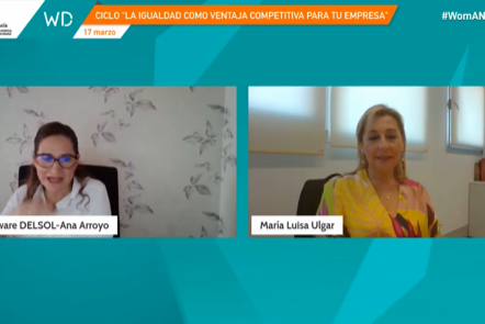 Pantallas de Ana Arroyo y María Luisa interviniendo en la videoconferencia