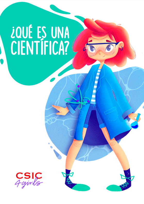 Portada del cómic «¿Qué es una científica?», con una chica viste una bata, gafas protectoras y probeta