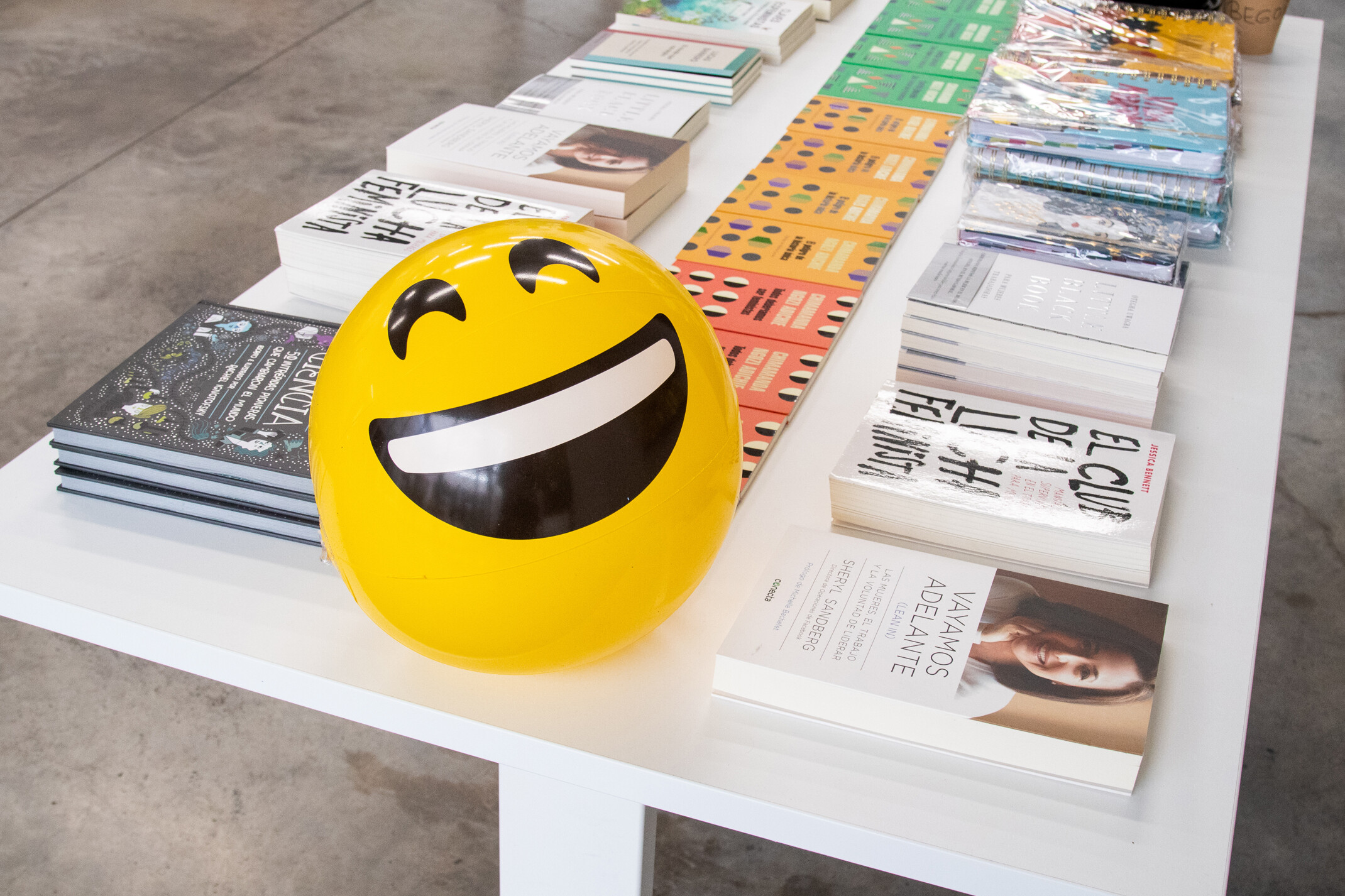 Una pelota con una cara sonriente sobre una mesa con diferentes libros sobre mujeres y ciencia