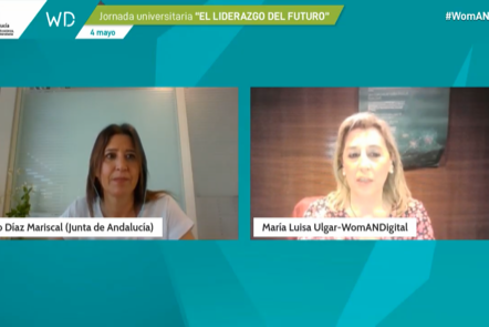 Captura de la video conferencia con Rocío Díaz Mariscal hablando con María Luisa Ulgar