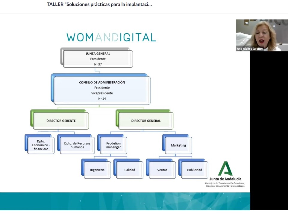 Captura de la videoconferencia en la que se muestra el esquema de la jerarquía del equipo de WOMANDIGITAL