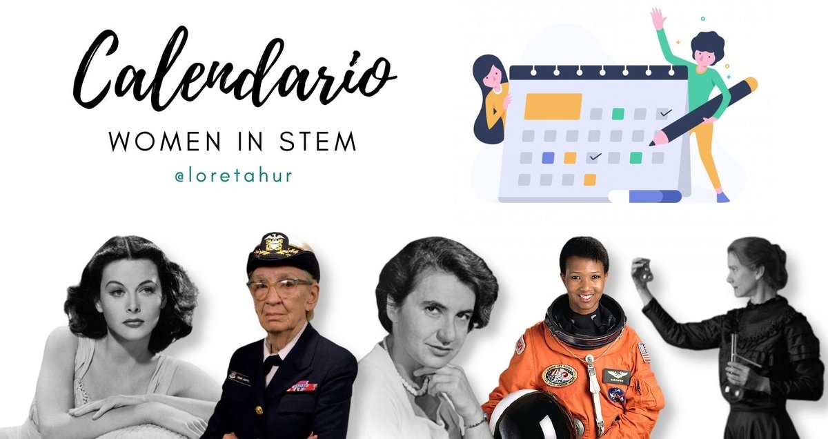 Portada calendario de las mujeres STEM, cinfo fotograías de mujeres que han sido referentes en la historia