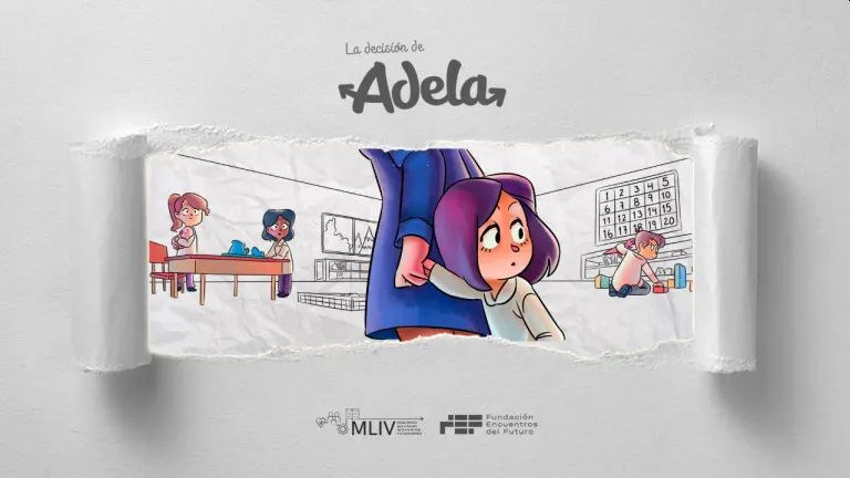 Portada del Cómic interactivo: «La decisión de Adela», una profesora lleva a una niña de la mano en un aula con más niños