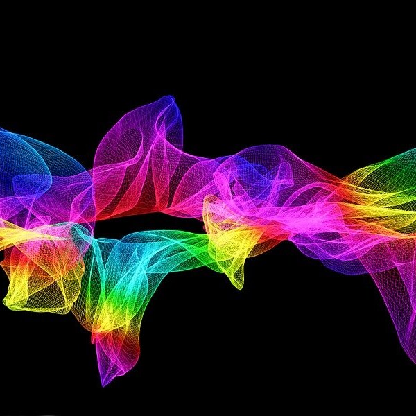 ilustración gráfica de una mano sosteniendo un móvil y ondas de colores