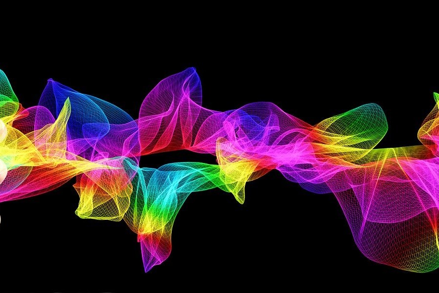ilustración gráfica de una mano sosteniendo un móvil y ondas de colores