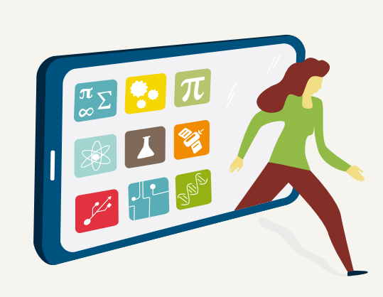 Vemos una ilustración de mujer saliendo de un móvil con iconos de investigación
