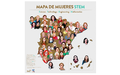 Ilustración del mapa de España con los bustos de diferentes mujeres relevantes en la historia por regiones